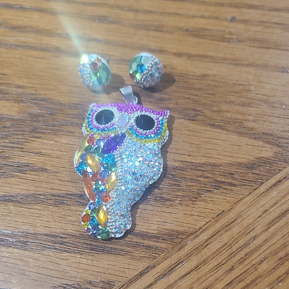Colorful Owl Pendant and Earring Set